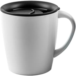 A white coffee mug with a black lid and handle, featuring a simple design and a logo.
