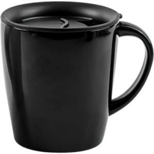 A black coffee mug with a lid and a handle, featuring a smooth, glossy finish. It has a branded logo.