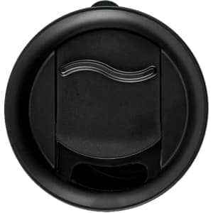 A black coffee mug with a curved lid design, featuring a logo on the surface.
