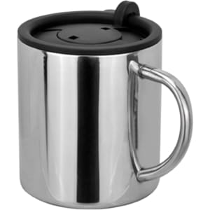 A stainless steel travel mug with a black lid and handle, featuring a simple design and a logo on the side.