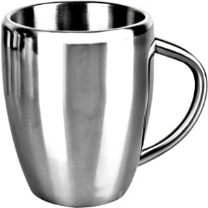 A stainless steel coffee mug with a curved design and a handle, featuring a shiny metallic finish.