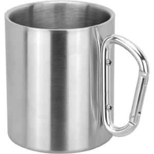 A stainless steel coffee mug with a silver finish and a carabiner-style handle. Includes a branding logo.