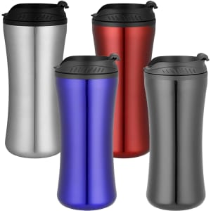A drink bottle set featuring four travel mugs in silver, blue, red, and black, each with a black lid and logo.