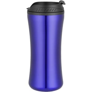A travel mug in a vibrant purple colour with a black lid and a sleek, tapered design. Features a logo.