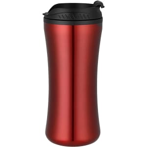 A travel mug in a glossy red finish with a black lid, featuring a sleek, tapered design and a branded logo.