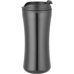 A drink bottle featuring a sleek black design with a curved shape and a secure lid. It has a logo on the surface.