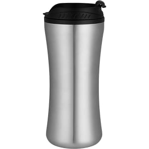 A stainless steel travel mug with a black lid and a sleek, tapered design. Features a logo on the side.