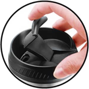 A travel mug lid with a black handle and integrated sipping mechanism, featuring a sleek design and branding.