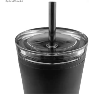 A black travel mug with a clear lid and a black straw. The mug is designed for beverages on the go and features branding.