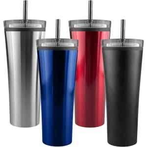 A set of four travel mugs in silver, blue, red, and black, each with a straw and a lid.