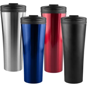 A range of travel mugs in silver, blue, red, and black, each with a black lid and a logo.