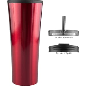 A travel mug in shiny red with a standard flip lid and an optional straw lid. Features a logo on the front.