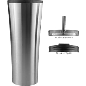 A stainless steel travel mug with a removable standard flip lid and an optional straw lid.