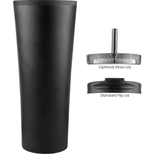 A travel mug in matte black with a standard flip lid and an optional straw lid. Includes a logo on the design.