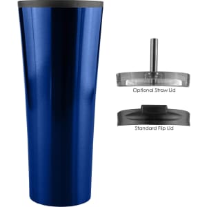A stainless steel travel mug in a vibrant blue, featuring a standard flip lid and an optional straw lid.
