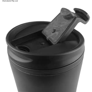 A black travel mug with a flip lid and spout opening for easy drinking. Features a sleek, smooth surface.