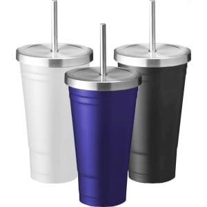 A drink bottle set featuring three tumblers in white, navy blue, and black, each with a stainless steel straw.