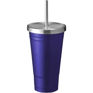 A drink bottle featuring a dark purple body and a stainless steel lid with a straw. It has a logo visible.