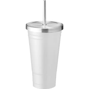 A drink bottle featuring a white plastic tumbler with a silver stainless-steel lid and straw.