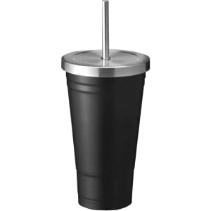 A drink bottle featuring a sleek black design with a stainless steel lid and straw. It has a logo on the surface.
