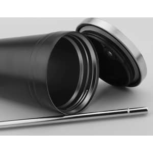 A drink bottle featuring a black body, silver lid, and metal straw, showcasing a sleek design and logo.
