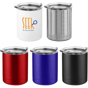 A set of four coffee mugs in red, blue, black, and white with metal accents and clear lids, featuring a logo on one.