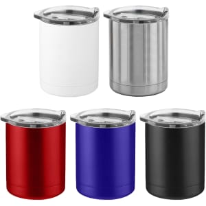 A collection of five coffee mugs in white, stainless steel, red, blue, and black, each with a transparent lid.