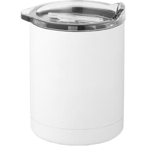 A white coffee mug with a clear lid, featuring a cylindrical design and a sleek finish.