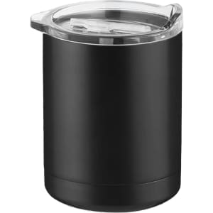 A black coffee mug with a clear lid, suitable for hot or cold beverages. It features a sleek design and a logo.