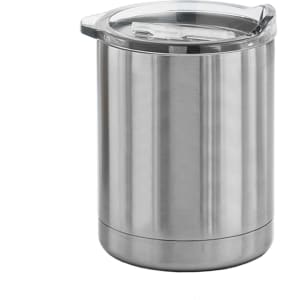 A stainless steel coffee mug with a transparent lid, showcasing a sleek, modern design.