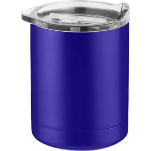 A blue coffee mug with a clear lid, featuring a sleek, modern design and a branding logo.
