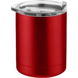A red coffee mug with a clear lid and a sleek design, featuring a logo on the surface.