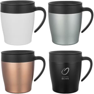 A set of four coffee mugs in white, silver, copper, and black, each with a handle and a lid. One features a logo.