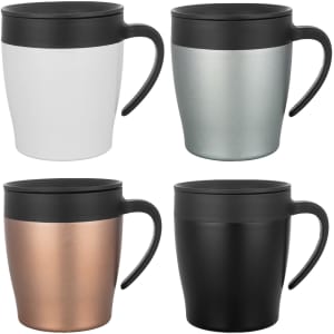A set of four coffee mugs in white, silver, copper, and black, each with a black lid and handle.