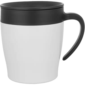 A coffee mug with a white body and a black lid and handle, featuring a logo.