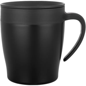 A coffee mug in matte black, featuring a curved handle and a smooth surface. It has a lid and a simple design.