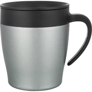 A coffee mug featuring a silver body and a black lid, designed for drinkware use. Includes a handle and a logo.