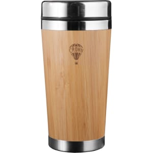 A reusable coffee cup featuring a bamboo exterior and stainless steel accents, with a logo on the side.