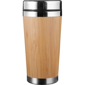 A reusable bamboo mug with a stainless steel lid and base, featuring a natural bamboo finish.