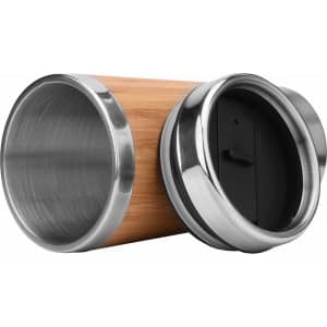 A bamboo reusable coffee cup with stainless steel accents and a black lid, featuring a logo.