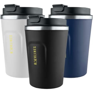 A set of three reusable coffee cups in white, black, and navy, each with a lid and branding on the side.