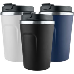 A drink bottle set featuring three reusable coffee mugs in white, black, and navy blue, each with a secure lid and silver detailing.