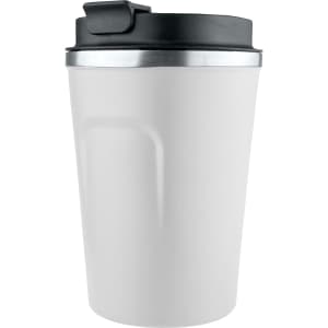 A reusable coffee cup in white with a black lid and silver trim, featuring a logo.