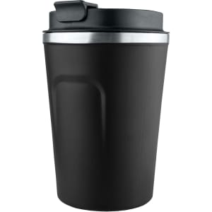 A reusable coffee cup in matte black with a silver rim and a black lid, featuring a logo.