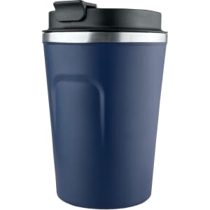 A reusable coffee cup in navy blue with a black lid and metallic band. It features a logo.