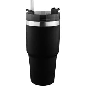A drink bottle featuring a black body with a silver band and a clear lid with a straw. It has a branding logo.