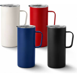 A drink bottle collection featuring four travel mugs in white, red, blue, and black, each with a handle and lid.