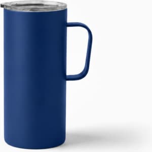 A blue travel mug with a handle and a clear lid, featuring a simple design and a sleek finish.