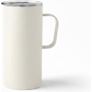A travel mug in cream colour with a sturdy handle and a transparent lid. It features a branding logo.