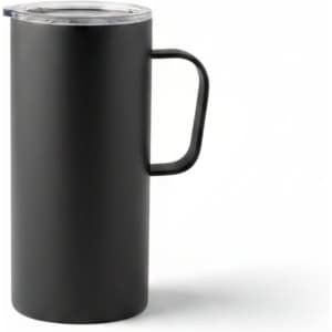 A black travel mug with a transparent lid and handle, suitable for hot or cold beverages.